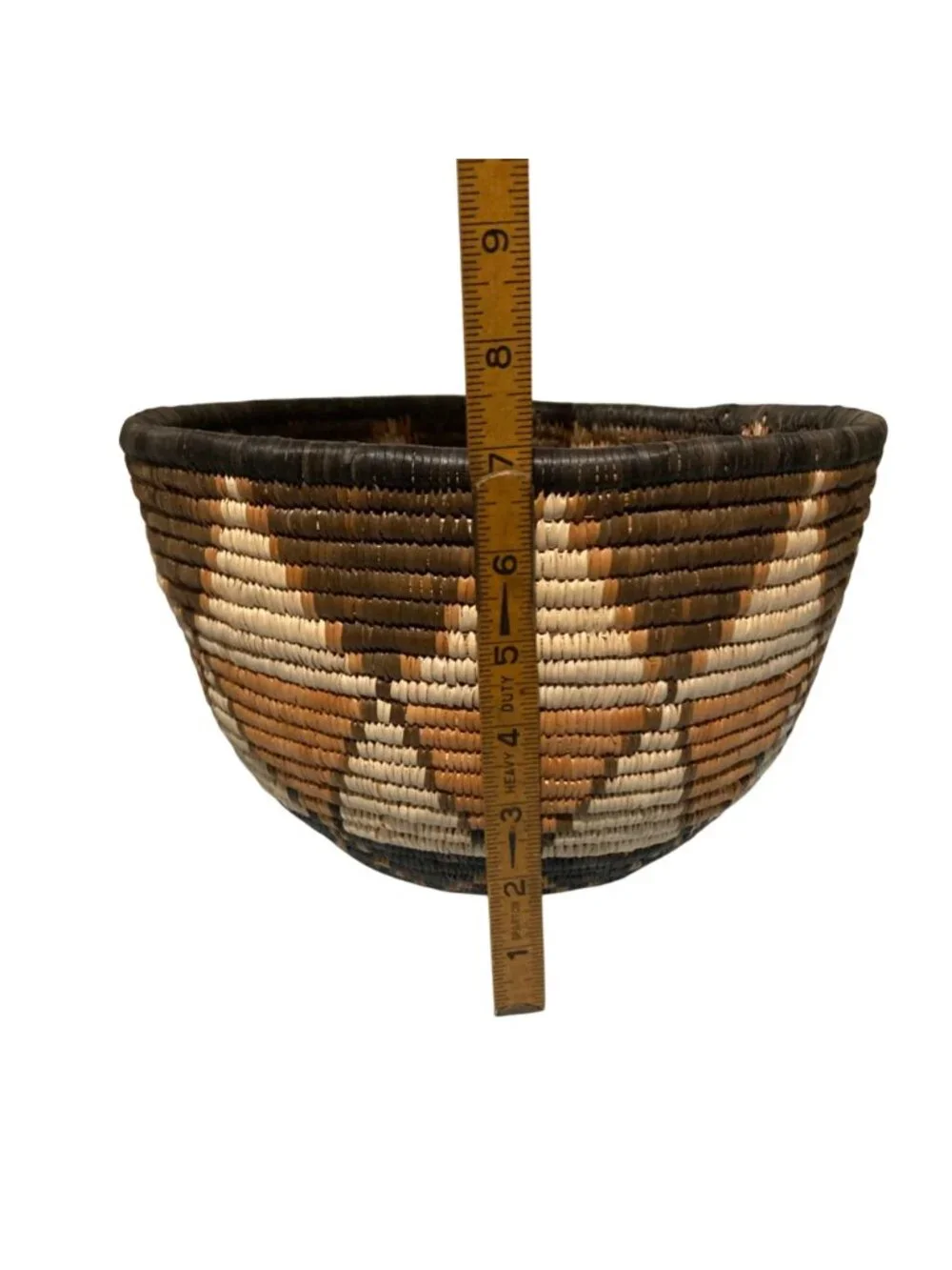 Vintage Handwoven Basket With Geometric Design In Earth Tone Colors